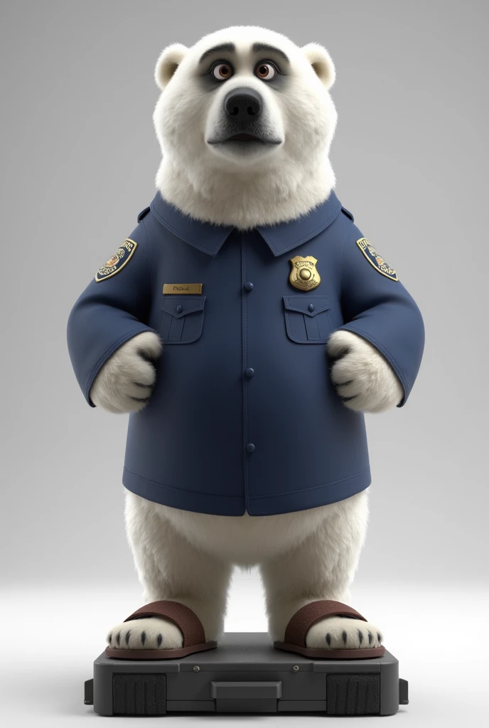 polar bear, male, Andersen ,  Police uniform, brown velcro sandals,  full height,  realistic, render,  standing device,  fluffy, slightly puffy,  front view,  serious expression , neutral background,  black eyes , Black irises, 3d