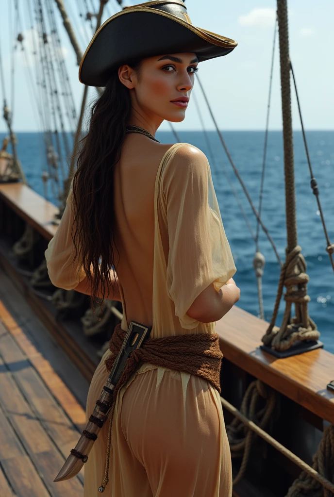 a beautiful woman with long wet hair, wearing a transparent see-through robe, her nude sexy body, beautiful breasts, leaning against the railing of a pirate ship, holding a cutlass at her waist, wearing a pirate hat, with a sexy figure and an alluring smile, (best quality,4k,8k,highres,masterpiece:1.2),ultra-detailed,(realistic,photorealistic,photo-realistic:1.37),highly detailed face and eyes, beautiful detailed lips, extremely detailed eyes and face, long eyelashes, pirate ship on the high seas, caribbean sea, pirate queen, elizabeth swann, keira knightley