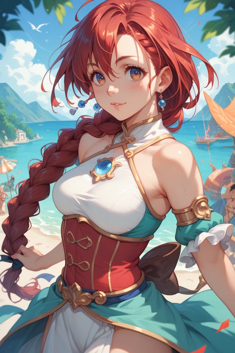 beautiful, (masterpiece:1.2), (best quality:1.2), perfect eyes, perfect face, (1girl), short haircut, red hair, earrings, armlet, skirt, upper body focus, cafe, cleavage, looking at viewer, cafe background