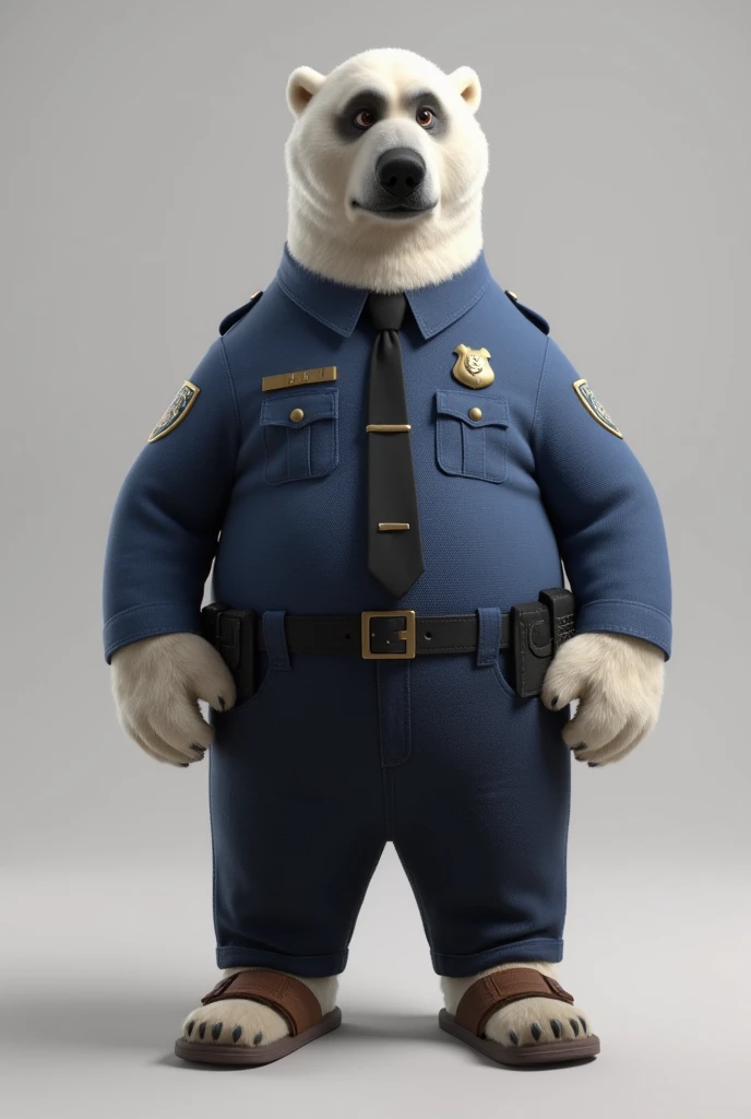 polar bear, male, Andersen ,  Police uniform,trousers, brown velcro sandals,  full height,  realistic, render,  standing device,  fluffy, slightly puffy,  front view,  serious expression , neutral background,  black eyes , Black irises, 3d