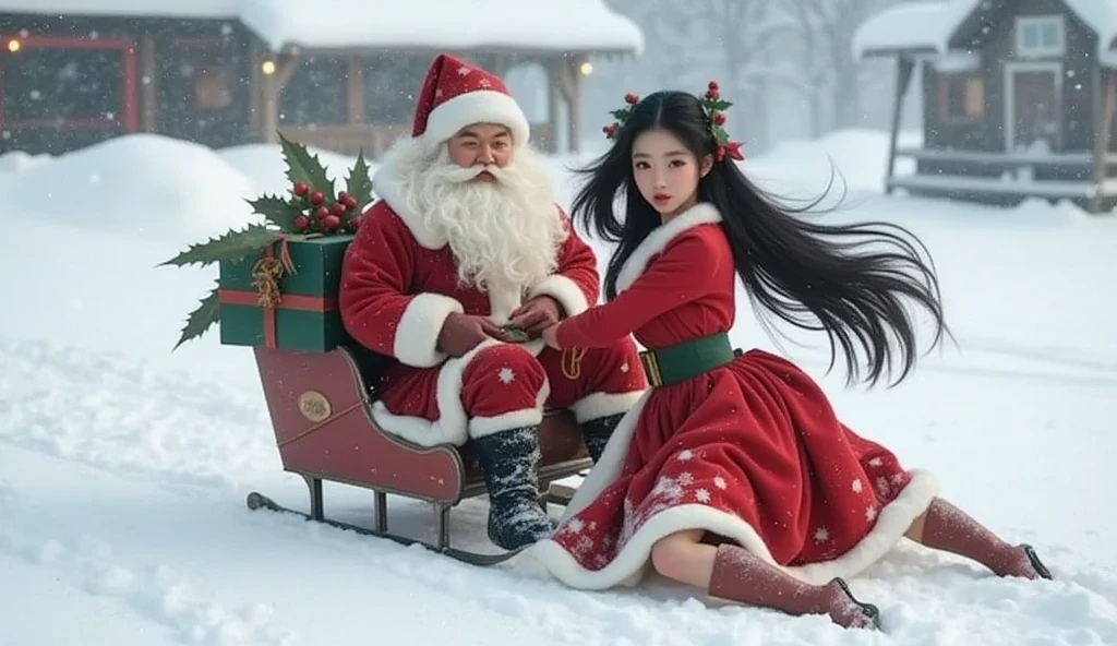 (RAW photo, real photo, high quality, masterpiece), (woman and Santa Claus, woman in front of the sled, woman tow the sled to move, Santa Claus ride the sled and whipping her back), A young Japanese woman with smooth, porcelain skin and long, silky black hair cascading down her back, 