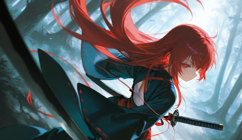 samurai girl, beautiful girl, red long hair, chest wrap, katana, face on black dragon, fantasy forest background,
Wide back viewing angle,ultra hd