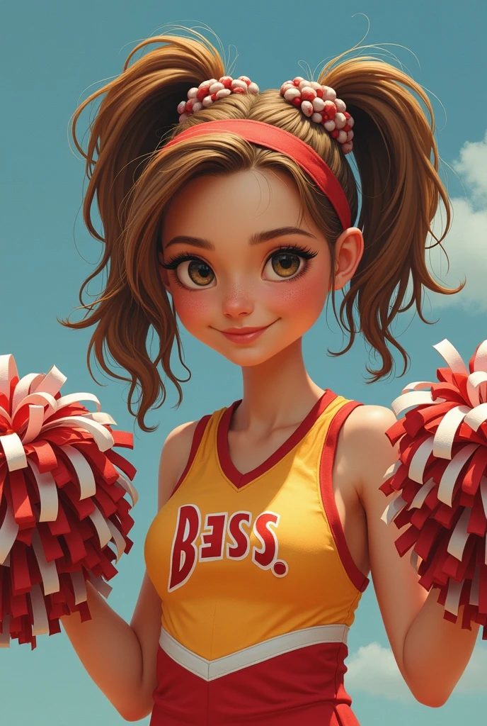 ((best quality)), ((highly detailed)), masterpiece, ((official art)), detailed face, beautiful face, (detailed eyes, deep eyes), (1girl:1.33, solo), Ochako, blush stickers, short hair, brown hair, sidelocks, cheerleader, pom pom (cheerleading), green and orange skirt, midriff, floating above the ground, floating hair,<lora:Ochakodim8:0.8>,chibi ,<lora:more_details:0.3>, <lora:GoodHands-beta2:1>