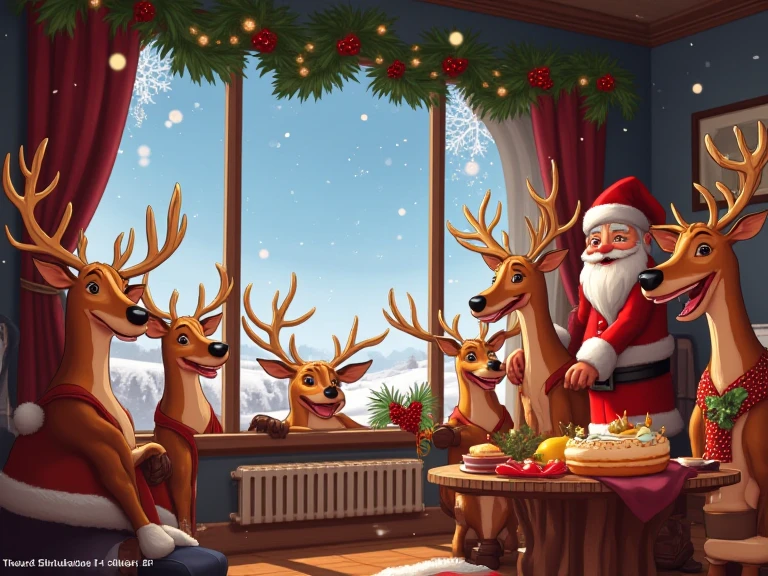 （masterpiece、 High Quality 、 high image quality、４Ｋ、８k、 Details）、funny Christmas Meme,  comedy cute anime style 、 A family of reindeer is having a Christmas  in a warm room、 Santa Claus is peeking out of the big window 、Santa with an amazing face 、 snowy landscape outside the window、At the bottom of the screen, there is a（Work Balance！）logo、 Christmas funny poster 、 Reindeer who want to skip work on Christmas Eve