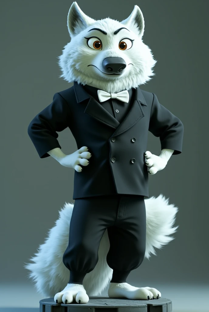 gari, zootopia, wolf, timberwolf , white fur, orange irises ,  standing device,  neutral face ,  hands on hips,  black shirt, white bow tie long pants, realistic 3D , render,  standing device, fluffy, High, cant