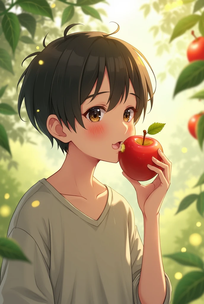 a boy with happy dark hair and a large apple tree with many apples --auto --s2