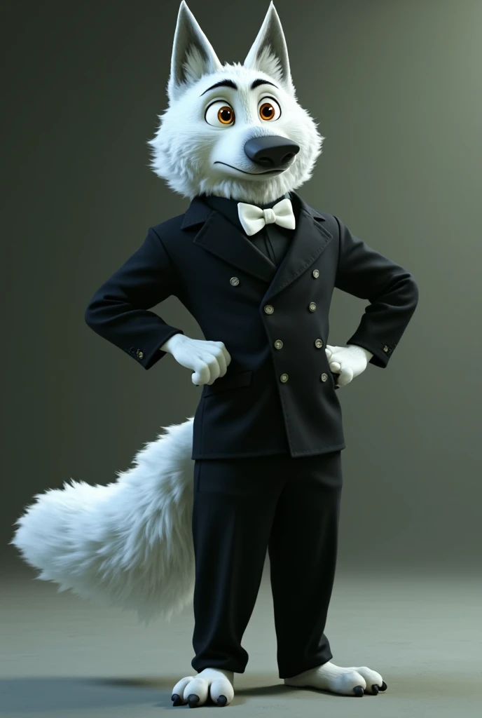 gari, zootopia, wolf, timberwolf , white fur, orange irises ,  standing device,  neutral face ,  hands on hips,  black shirt, white bow tie long pants,  realistic, 