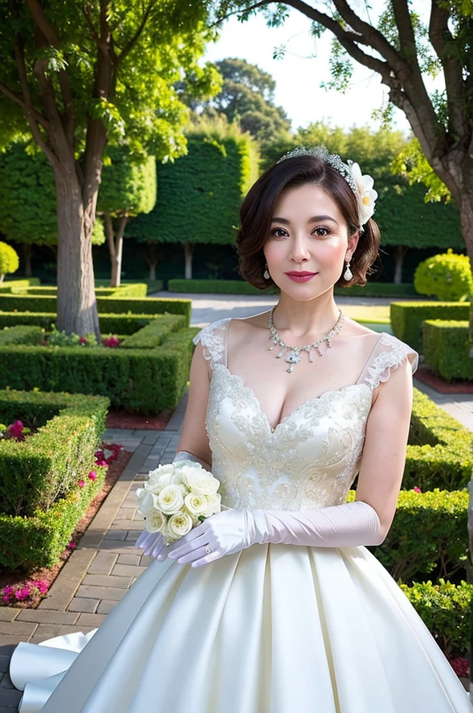 ((Masterpiece)), ((Best Quality)), A middle-aged short-hair woman, ((She is wearing an ornamental floral wedding dress)), She is wearing gloves on her hands., outdoor, She is in a garden. She is wearing a big necklace, She is wearing a wedding veil.