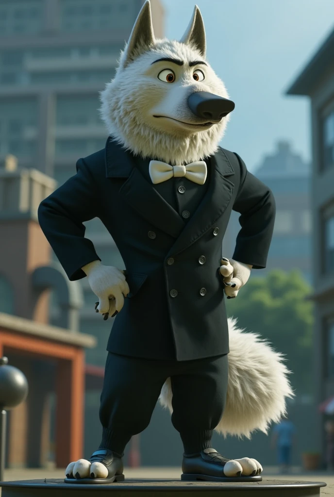 gari, zootopia, wolf, timberwolf , white fur, ,  standing device,  curious facial expression, mouth , blazer,  black shirt, white bow tie,trousers, Above, realistic 3D , render,  standing device, fluffy, High, cant, real life as, sitting in a wedding, 