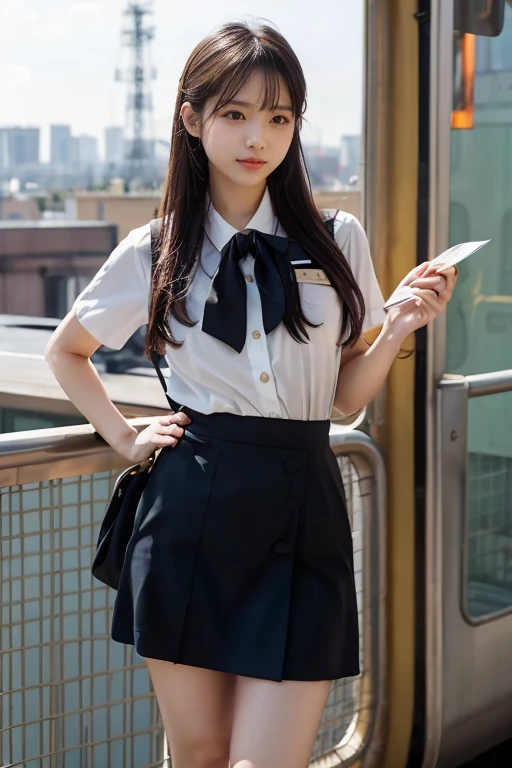  like an idol , long hair , straight hair, Round face , bust up ,(masterpiece:1.2,  top quality :1.2), 32kHDR,  high definition , (Alone、 1 girl)、（Rooftop of a building during the day、  Professional Writing ）、With the roof of the building in the background 、（JR woman train crew Uniform blackを着たリアルスタイル）、（（JR female train attendant uniform black white blouse short sleeve 、Black knee-length wrap culottes、 black jacket、 scarf））、Long Hit、Big Breasts、Thin legs、（（ amazing hands：2.0）），（（Harmonious physique ：1.5）），（（Normal limbs：2.0）），（（Usually refers to：2.0）），（（delicate eyes：2.0）），（（Normal eyes：2.0））)、smile、（JR female flight attendant uniform black knee-length wrap culottes skirt beautiful posture）、Without a doubt