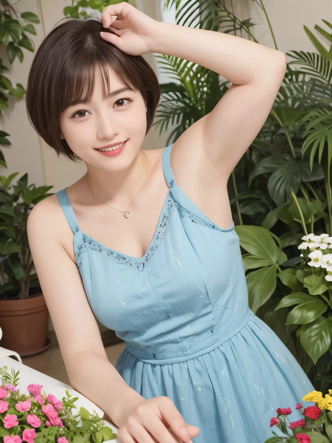 339 (20-year-old female, short hair), ( high image quality), (smile), ( Colorful Dress), ((Arietti's View of the World )), (BIG PLANTS ), (Dollhouse)