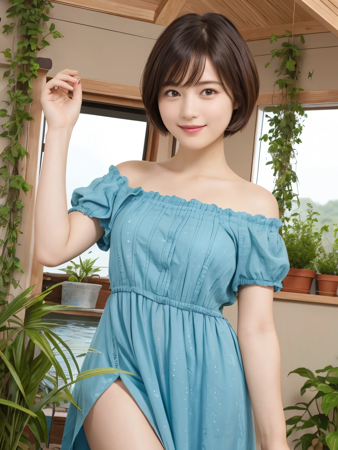 Araffe asian woman in a blue dress posing for a picture - SeaArt AI
