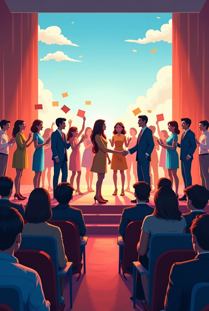 Men and women praising each other。
The man is a chubby man in a suit。
Women are married women dresses。

A happy site