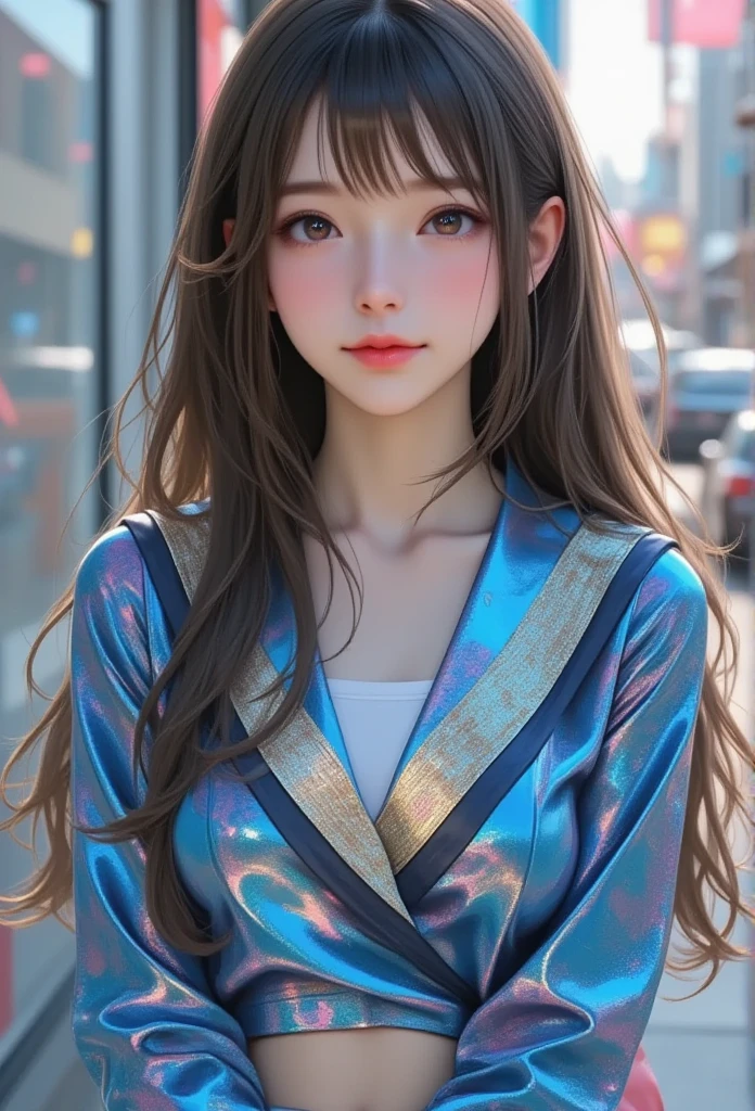 (super cute young face:1.5),(sparkling clear attractive large glowing eyes:1.5), (japanese idol face:1.5),very beautiful cute girl,(baby face:1.4),(thirteen  years old:1.4),exquisite smooth and silky long brown straight hair,fair skin,(happy cheerful smile),professional portrait,(realistiv photograph:1.2),
(super shiny  metallic blue and white latex sailor high school uniform:1.2),pleated skirt,
shiny metallic gold sailor collar, happy cheerful smile,narrow waist,in the street,(very thin makeup)