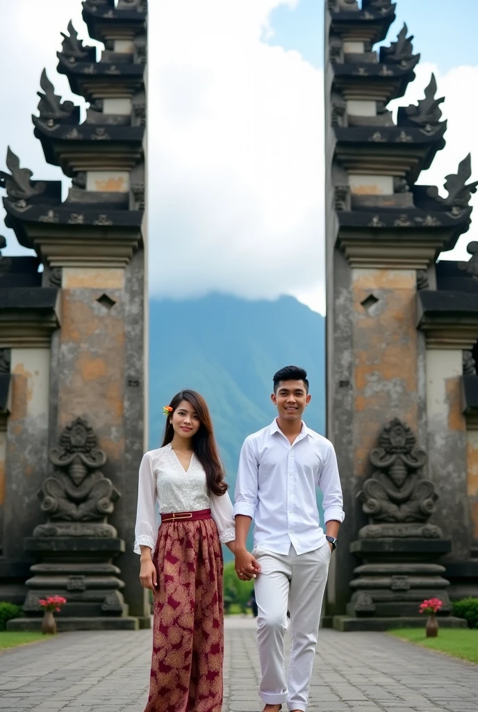 there is a man and woman standing next to each other, with a castle in the background, myanmar, in front of a temple, photo taken with canon 5d, temple in the background, at an ancient city, traditional photography, stunning photoshot, shot on canon eos r 5, shot on canon eos r5, wearing traditional garb