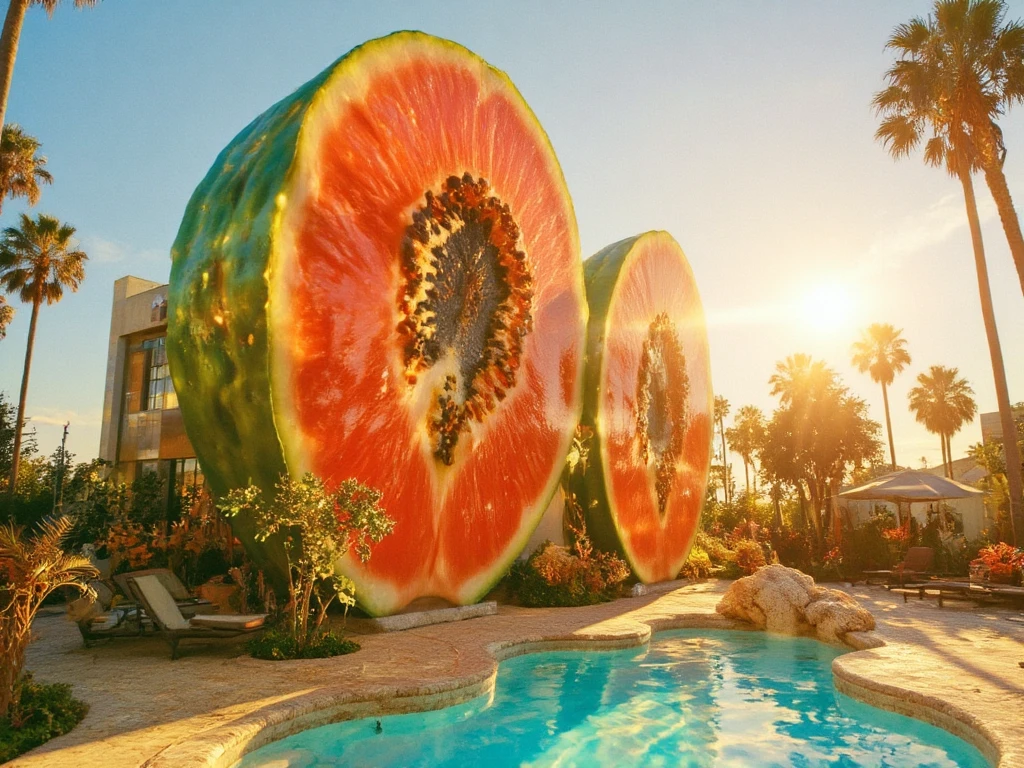 A luxurious house inspired by a halved papaya, ultra-detailed and realistic. The structure is shaped like a vertical papaya slice, with the vibrant orange interior forming the walls and intricate black seed designs as decorative elements inside. The green outer peel wraps around the edges, adding a natural touch. Large, arched windows and a grand entrance are seamlessly integrated into the design. The house overlooks a stunning swimming pool shaped like a papaya, surrounded by tropical plants and lounge areas. Warm sunlight enhances the exotic and inviting atmosphere, making it a perfect tropical retreat.