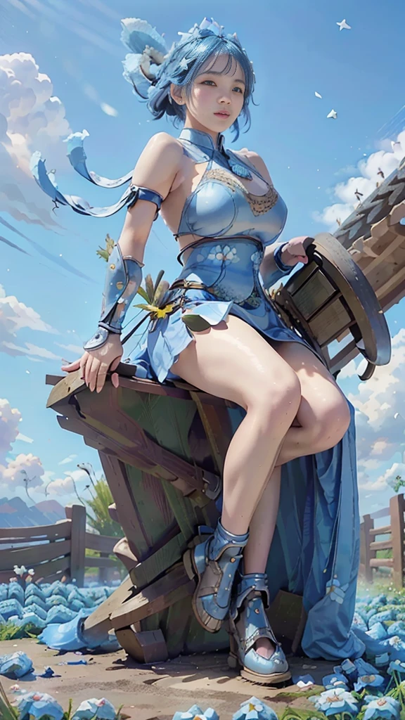  A young Japanese woman , warrior, Combat Stance, wielding a sword,  very detailedな, realisti,smile, ((  Looking at the Subject from Below :1.2)), ((Crouching and standing up,  feet :1.3)),  Brilliant Appearance , ,Creative Action,  extremely detailed, Imaginative,  sensual, spontaneous ,  top quality ,  skin texture, ((very short hair), (blue hair), blue eyes, 引き締まった体, huge breasts,(big breasts:1.5), Big Breasts,  plump thighs,  blue armor with forgotten grass pattern engraved ,blue leather samurai armor knight, bikini type design that emphasizes chest exposure ,((sideboob)),  wear a blue cloak with a don't forget grass flower pattern , ruffled skirt,  b blue shin guard engraved with forget grass pattern , Black high-leg underwear , White tights,  absolute domain,  Intricate Details , ((Blue sky and sunrise )), ((big forget-me-no petals background:1.6)), ((big forget-me-no petals:1.6)), ((big forget-me-no petals dancing in the wind:1.6)),( forget grass in full bloom ),( large forgotten grass in full bloom on the front), (confetti),  RAW photos , 8k, masterpiece,  top quality , Ultra Details, very detailed,  Intricate Details , high definition ,超 Intricate Details, very detailed 8k cg wallpaper,