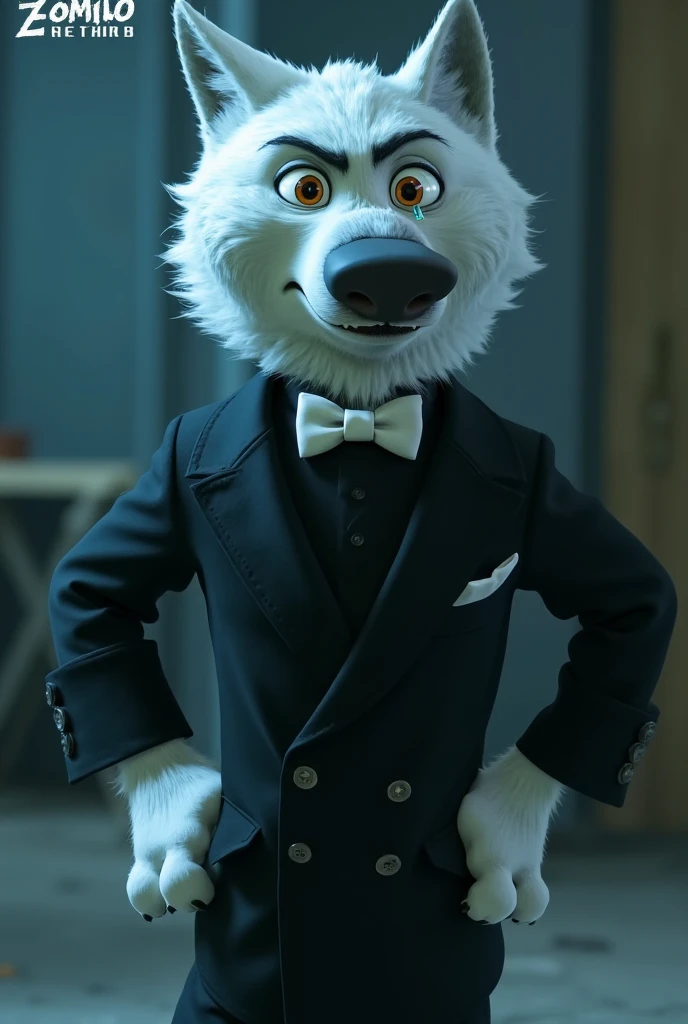 gari, zootopia, wolf, timberwolf , white fur, orange irises ,  standing device,  sad face, tears ,cries,  hands on hips,blazer, black shirt, white bow tie long pants,  realistic, 