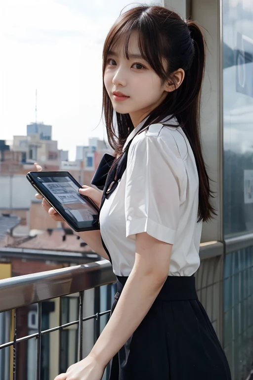  like an idol , long hair , straight hair, Round face , bust up ,(masterpiece:1.2,  top quality :1.2), 32kHDR,  high definition , (Alone、 1 girl)、（Rooftop of a building during the day、  Professional Writing ）、With the roof of the building in the background 、（JR woman train crew Uniform blackを着たリアルスタイル）、（（JR female train attendant uniform black white blouse short sleeve 、Black knee-length wrap culottes、 black jacket、 scarf））、Long Hit、Big Breasts、Thin legs、（（ amazing hands：2.0）），（（Harmonious physique ：1.5）），（（Normal limbs：2.0）），（（Usually refers to：2.0）），（（delicate eyes：2.0）），（（Normal eyes：2.0））)、smile、（JR female flight attendant uniform black knee-length wrap culottes skirt beautiful posture）、Without a doubt, Watch viewers,((( closeup ))),