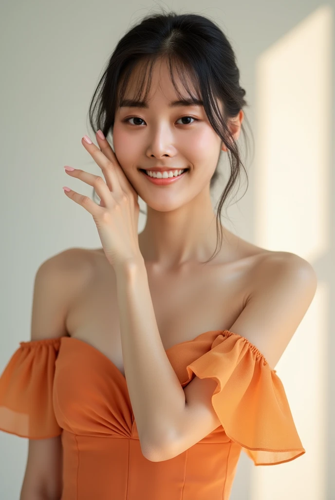 

"Create an image of an 1 Asian girl wearing yellow clothes, with a cute face and smiling. The image should be full-body, slightly revealing, youthful, and realistic."