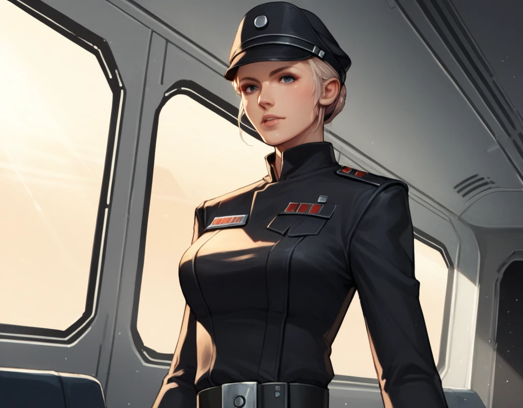 score_9, score_8_up, score_7_up, juno-eclipse, star wars, solo, gloves, hat, spacecraft interior, 1girl, belt, uniform, upper body, anime coloring, huge tits
 