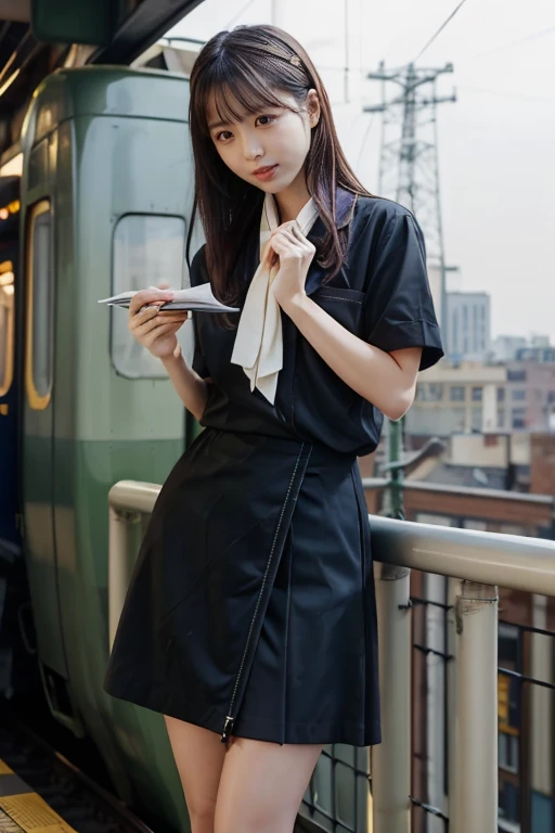  like an idol , long hair , straight hair, Round face , bust up ,(masterpiece:1.2,  top quality :1.2), 32kHDR,  high definition , (Alone、 1 girl)、（Rooftop of a building during the day、  Professional Writing ）、With the roof of the building in the background 、（JR woman train crew Uniform blackを着たリアルスタイル）、（（JR female train attendant uniform black white blouse short sleeve 、Black knee-length wrap culottes、 black jacket、 scarf））、Long Hit、Big Breasts、Thin legs、（（ amazing hands：2.0）），（（Harmonious physique ：1.5）），（（Normal limbs：2.0）），（（Usually refers to：2.0）），（（delicate eyes：2.0）），（（Normal eyes：2.0））)、smile、（JR female flight attendant uniform black knee-length wrap culottes skirt beautiful posture）、Without a doubt, Watch viewers,((( closeup ))),