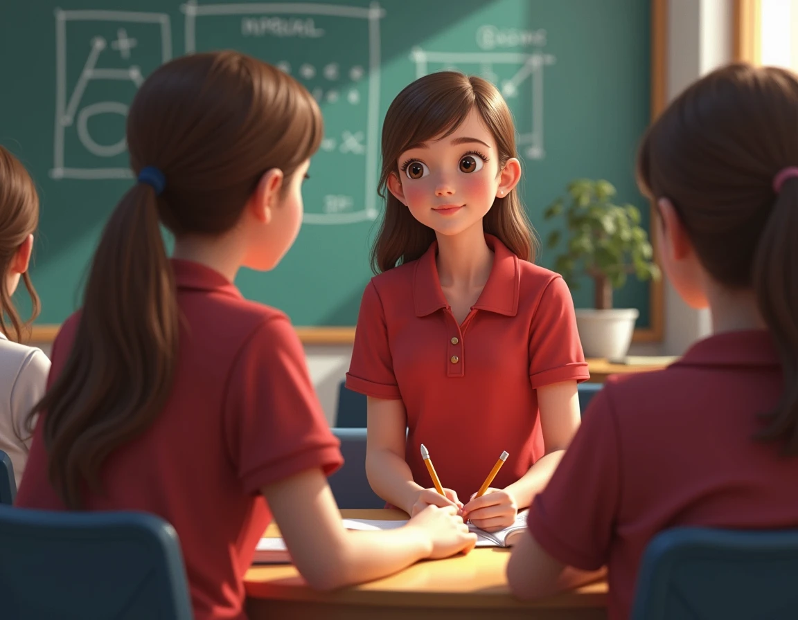 In a math class, a girl paying attention and taking notes while a boy in the back is worried about not understanding the class