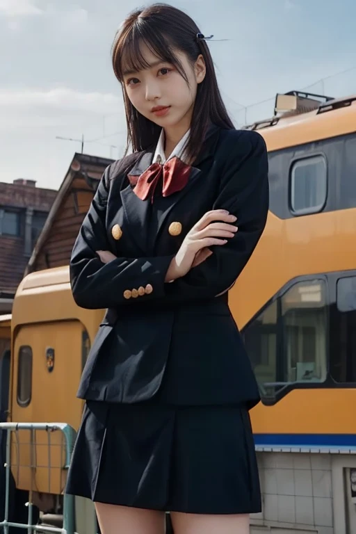  like an idol , long hair , straight hair, Round face , bust up ,(masterpiece:1.2,  top quality :1.2), 32kHDR,  high definition , (Alone、 1 girl)、（Rooftop of a building during the day、  Professional Writing ）、With the roof of the building in the background 、（JR woman train crew Uniform blackを着たリアルスタイル）、（（JR female train attendant uniform black white blouse short sleeve 、Black knee-length wrap culottes、 black jacket、 scarf））、Long Hit、Big Breasts、Thin legs、（（ amazing hands：2.0）），（（Harmonious physique ：1.5）），（（Normal limbs：2.0）），（（Usually refers to：2.0）），（（delicate eyes：2.0）），（（Normal eyes：2.0））)、smile、（JR female flight attendant uniform black knee-length wrap culottes skirt beautiful posture）、Without a doubt, Watch viewers,((( closeup ))),