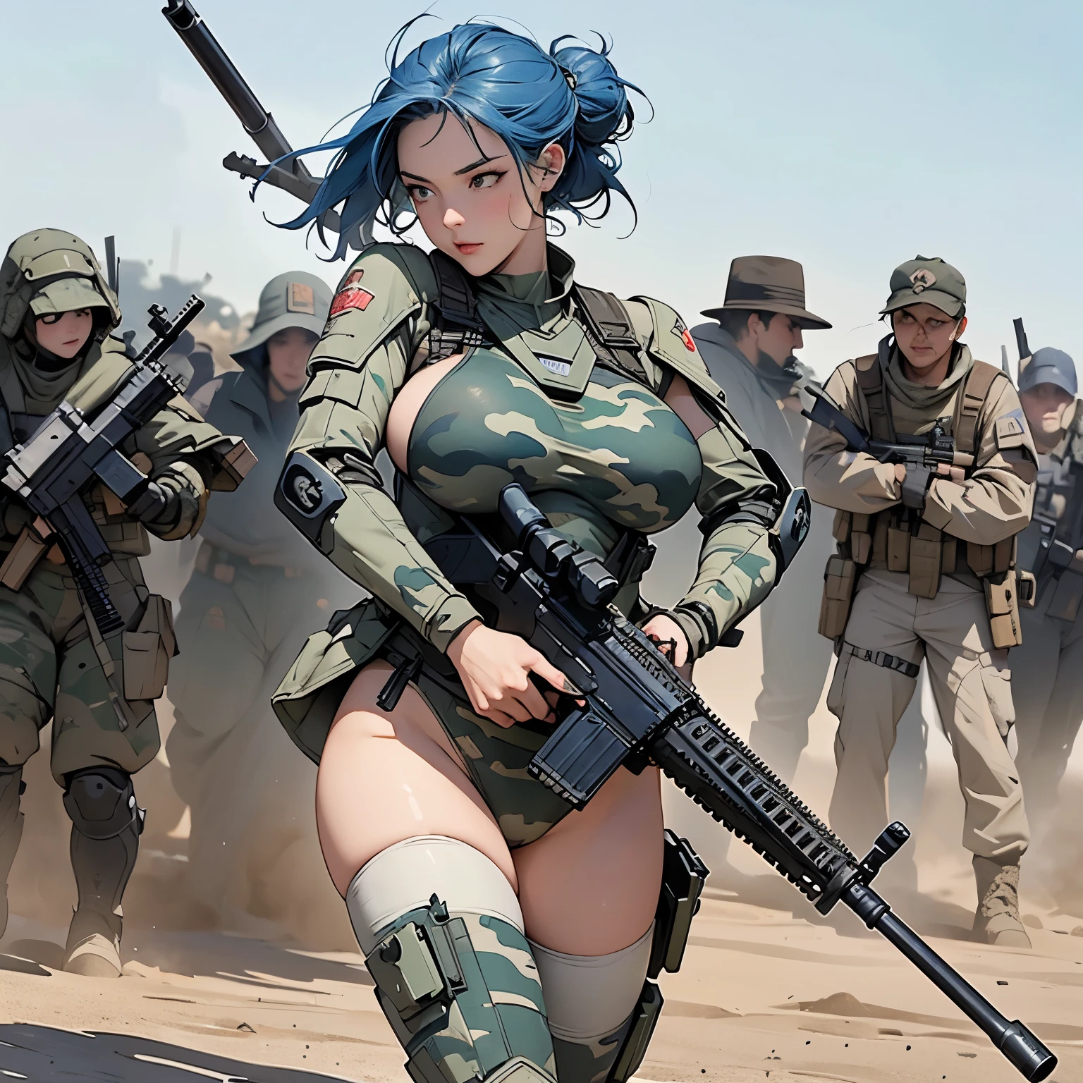 nsfw, anime screencap, 16K, perfect anatomy proportion body, action, A dynamic composition with a sense of speed and movement, (Hold an assault rifle:1.6), a wife, 40age, perfect beautiful delicate sexy face, perfect beautiful delicate drooping eyes, blue hair, natural wave hair, large breasts, abs, Camouflage-colored heavy armored steam engine full armor powered suit, Many heavily armored robot soldiers are engaged in a firefight in the background., Flying bullets, Ruined City Battlefield, war, Post-apocalyptic,