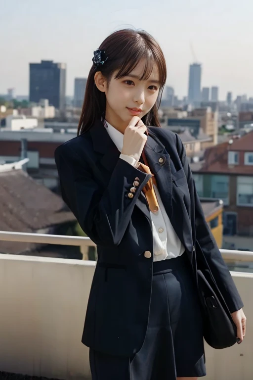  like an idol , long hair , straight hair, Round face , bust up ,(masterpiece:1.2,  top quality :1.2), 32kHDR,  high definition , (Alone、 1 girl)、（Rooftop of a building during the day、  Professional Writing ）、With the roof of the building in the background 、（JR woman train crew Uniform blackを着たリアルスタイル）、（（JR female train attendant uniform black white blouse short sleeve 、Black knee-length wrap culottes、 black jacket、 scarf））、Long Hit、Big Breasts、Thin legs、（（ amazing hands：2.0）），（（Harmonious physique ：1.5）），（（Normal limbs：2.0）），（（Usually refers to：2.0）），（（delicate eyes：2.0）），（（Normal eyes：2.0））)、smile、（JR female flight attendant uniform black knee-length wrap culottes skirt beautiful posture）、Without a doubt, Watch viewers,((( closeup ))),