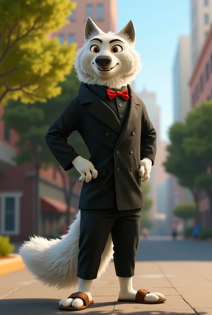 gari, zootopia, wolf, timberwolf , white fur, orange irises ,  standing device, kind face,  hands on hips,blazer, black shirt,red bow tie long pants, brown velcro sandals,  realistic, 