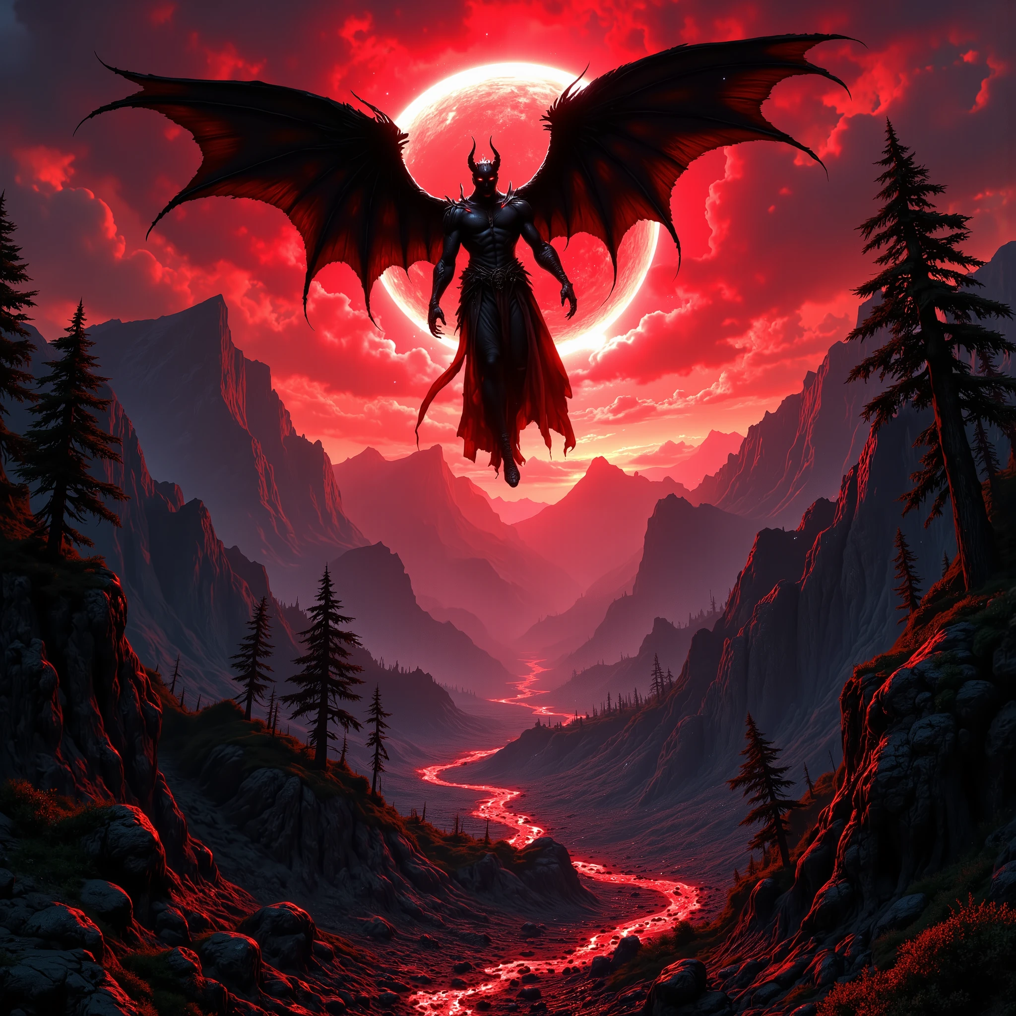 Under a red solar eclipse ,  an angel of demonic appearance flies with majestic black wings and dark horns,  dressed in dark clothes .  The eclipse ,  of realistic size but clearly visible above the demon ,  bathes the scene in sinister light .  The landscape below reflects this darkness ,  with a desolate forest tinged with red and black ,  twisted trees and deep shadows that spread over the ground . at a distance,  imposing mountains rise against the sky ,  while rivers of lava bubble menacingly .  The environment conveys a sense of imminent danger and accentuated ill omen ,  Because of the sinister light of the eclipse that bathes everything in an aura Apocalyptic .