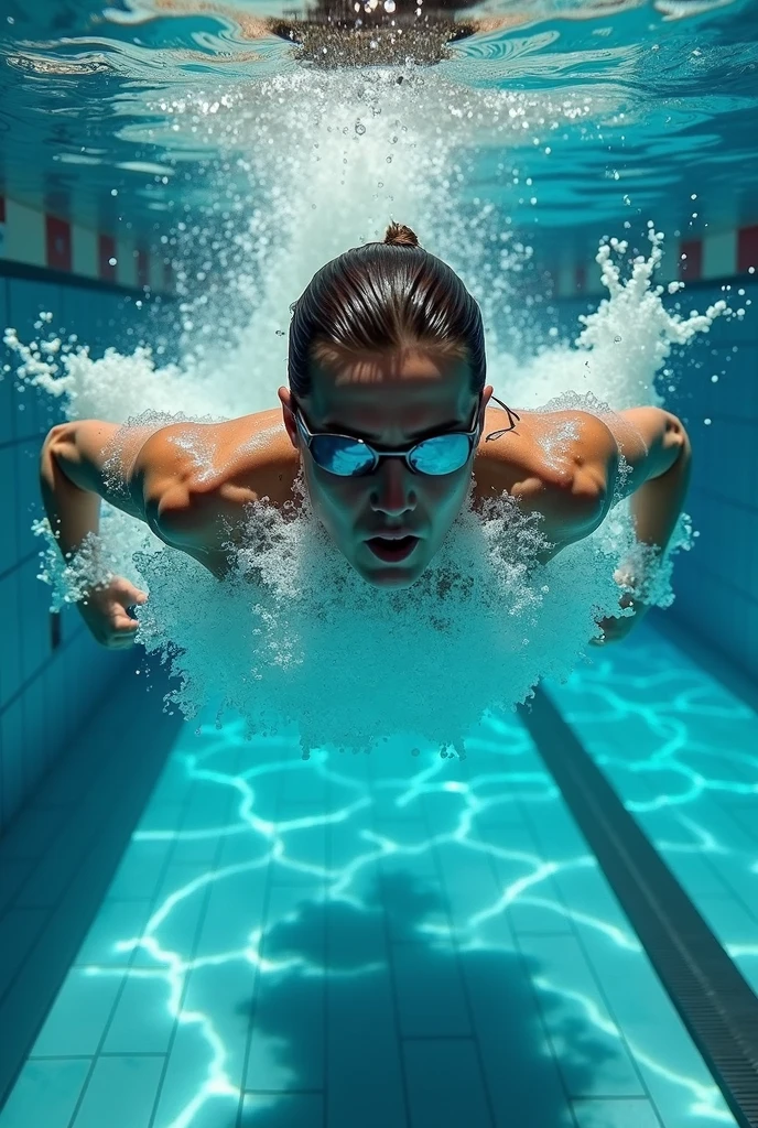 Messi as a diver. Diving in under water.his face is in front of camera 