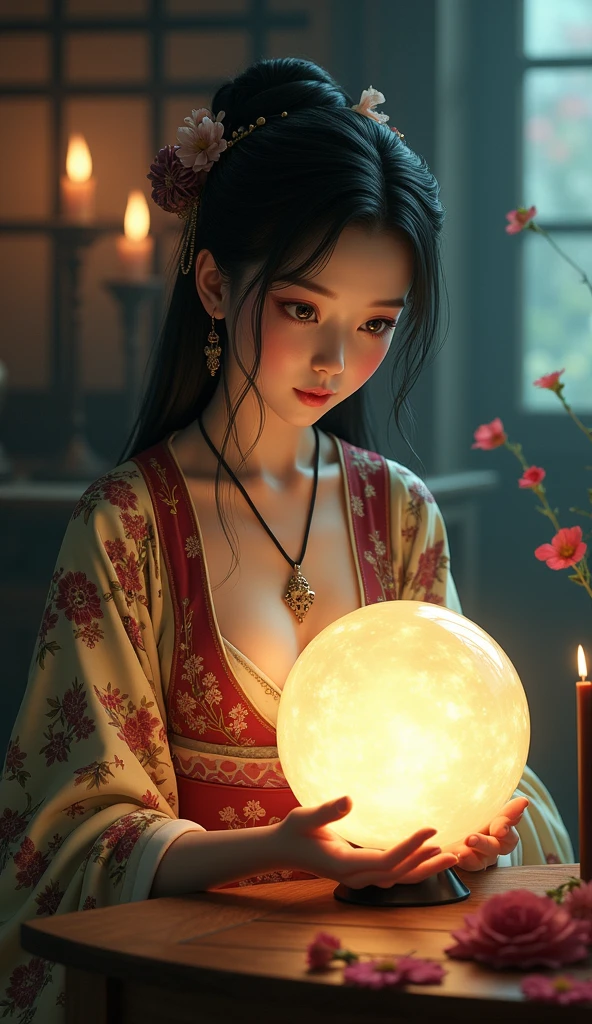 A beautiful Japanese woman doing fortune telling crystal front Real