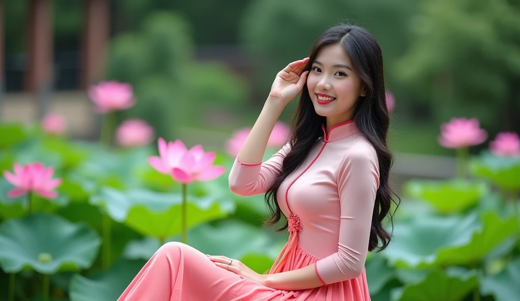big breasts, round breasts, wearing bra inside ao dai, slim figure, beautiful figure, big breasts, ponytail, sharp 8k quality photo, ((beautiful, sharp, balanced face details) for )), ((beautiful breasts, exposed cleavage, plump body), ((beautiful sparkling eyes, sharp eye details, beautiful face)), sitting in the middle of a ripe rice field, ((super beautiful body with high details , tight body, big chest, slim waist))