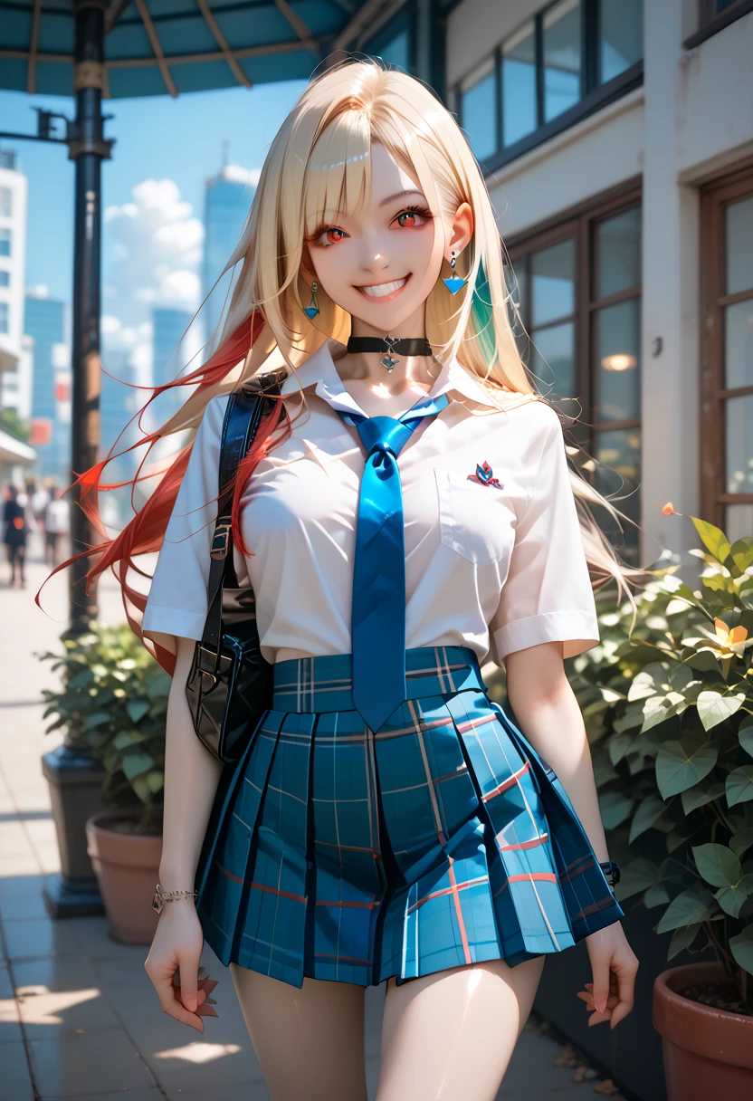 masterpiece, best quality, highres, kitagawa marin, 1girl, blonde hair, long hair, multicolored hair, red eyes, jewelry, earrings, piercing, school uniform, white shirt, tied shirt, black choker, blue necktie, plaid skirt, grin, smile, standing, cowboy shot, outdoors,