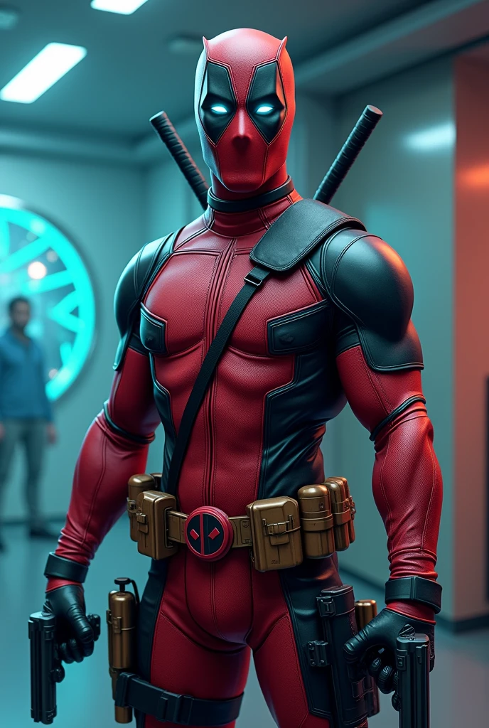 Deadpool grabbing the arc reactor with his hand