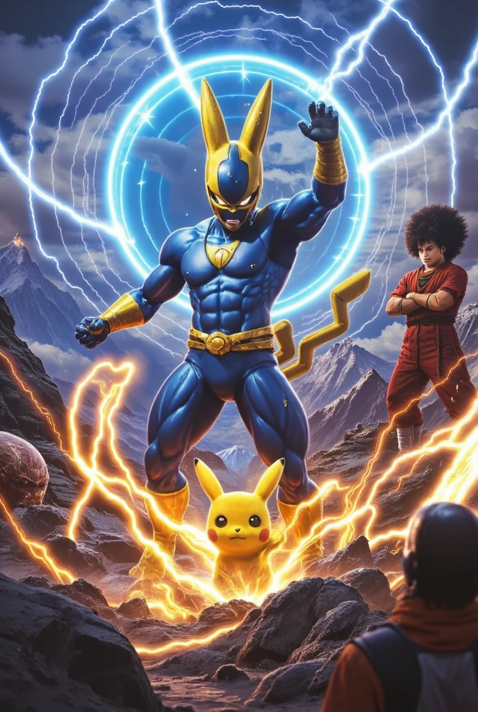 Mewtwo at hyperspeed, accompanied by Pikachu, Goku, Freeza, and Aang, portrayed as detailed fantasy characters. The scene is in 4 resolution, highly detailed with lighting, vibrant colors, composition, epic scale, dramatic lighting, and photorealistic quality, resulting in a masterpiece.