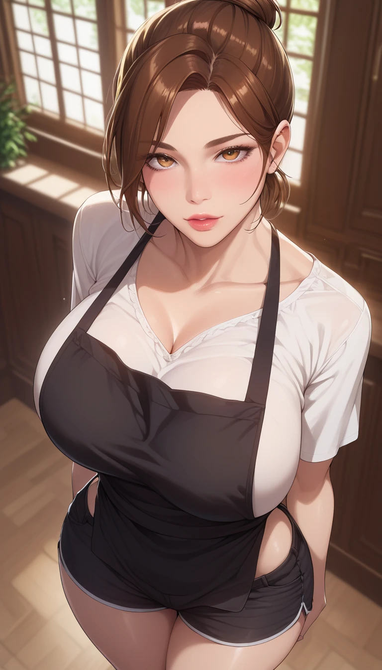 (masterpiece, best_quality:1.2), 1girl, solo, brown hair, mature female, short hair, single hair bun, (thick eyebrows:0.7), (black apron, black shorts, short shorts), large breast, wide hips, beautiful eyes, female focus, looking at viewer, close mouth, ((above view)) ((close up shot)) ((solo)), detailed, very high resolution, no blurry image, standing, beautiful, serene expression, intricate details, detailed background, indoors:1.3