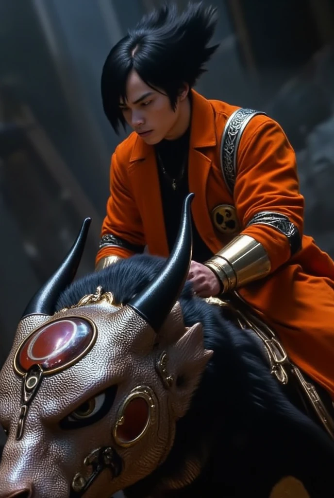 close up to a realistic face of a man in dragonball uniform riding a dragon