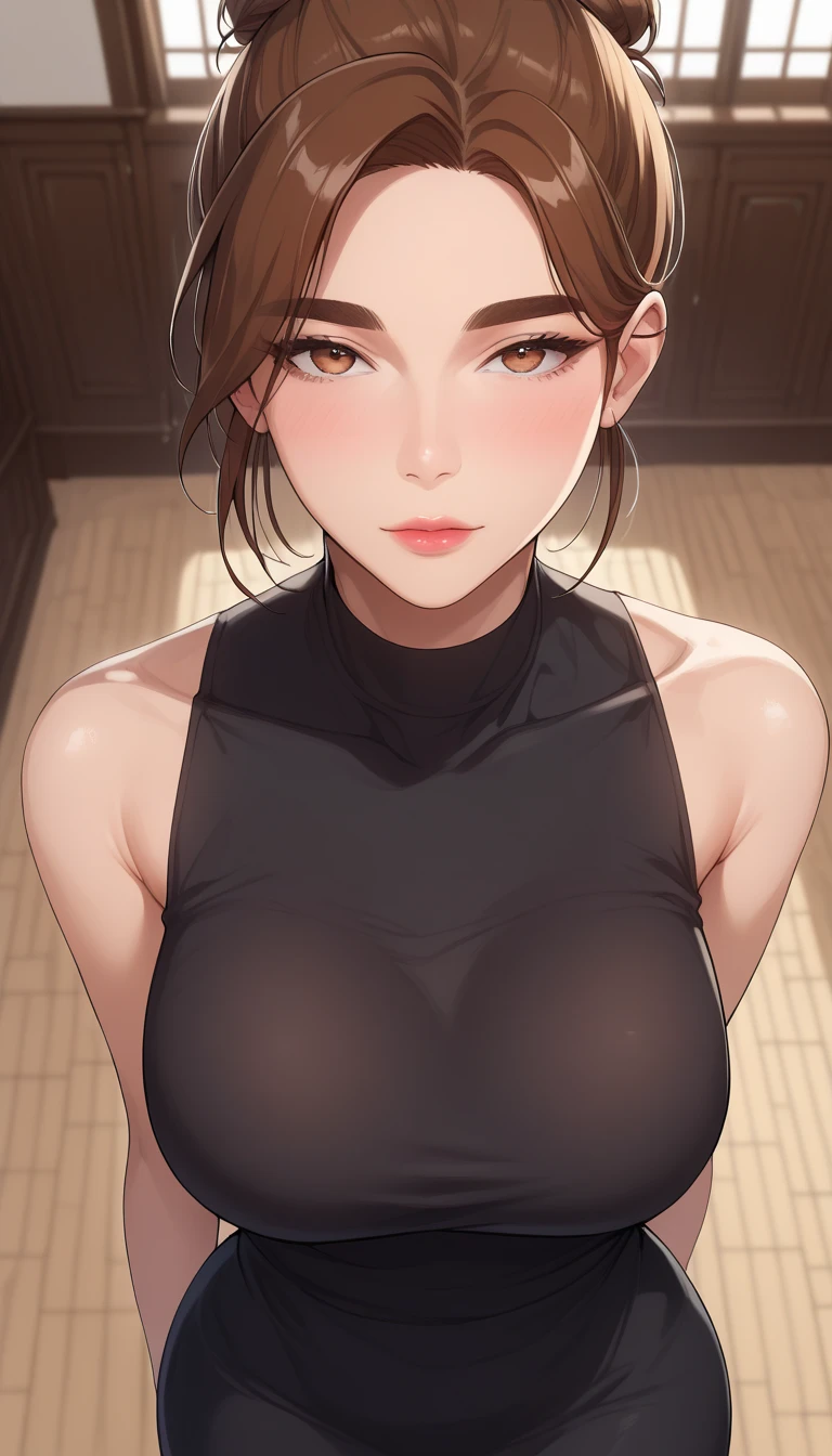 (masterpiece, best_quality:1.2), 1girl, solo, Webtoon Character) Aunt June [Jung Eun-ea] / 정은애 (Secret Class / 비밀수업), brown hair, mature female, short hair, single hair bun, (thick eyebrows:0.7), (black dress, sleeveless, long dress, pencil dress), large breast, wide hips, beautiful eyes, female focus, looking at viewer, close mouth, ((above view)) ((close up shot)) ((solo)), detailed, very high resolution, no blurry image, standing, beautiful, serene expression, intricate details, detailed background, indoors:1.3