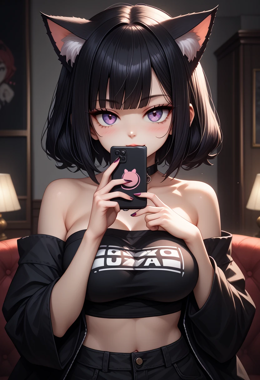 anime girl with a cat and a phone in her hand, nekomimi, y 2 k cutecore clowncore, pixiv daily ranking, she is 2 3, r / art, r /art, r/art, top rated on pixiv, 2 b, 2b, 1 7 - **** - *** anime goth girl, cute anime catgirl, big breasts tube top