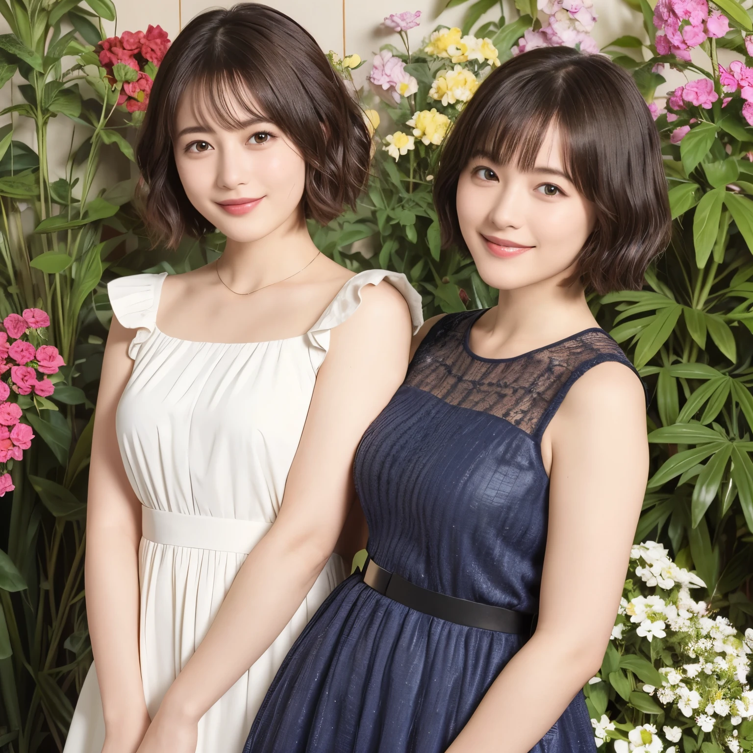 A hydrangea garden shrouded in a fantastic morning mist、Illustration of a Japanese woman strolling、Short black hair、Her facial features resemble those of Tsubaki Sannomiya、Coquettish feeling、A gentle expression with a touch of sadness、Small earrings and a matching necklace、No clothes