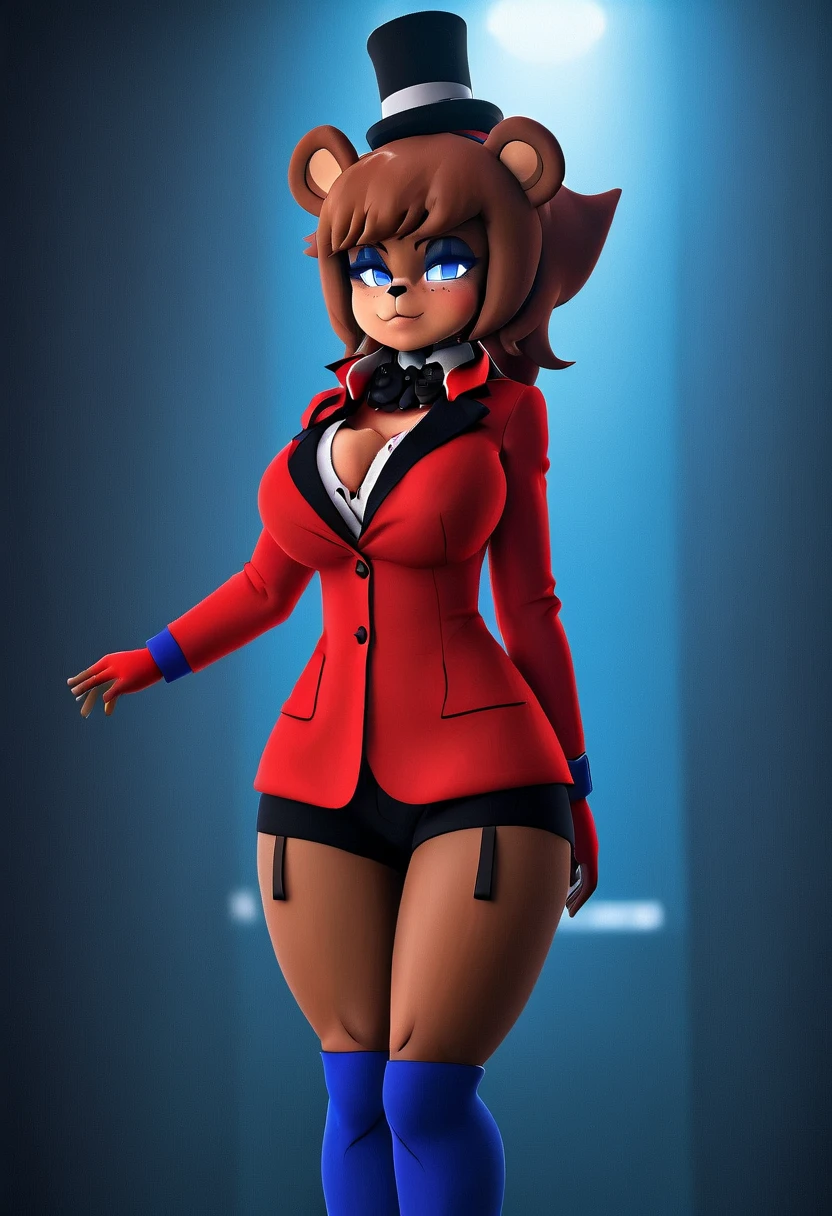 (best quality, masterpiece1.2), 1girl, solo, human, cally3d, (fredina), brown body, top hat, bear ears, stockings, woman, red hoodie, blue eyes, sexy, detailed, extreme detail, perfect lighting, 4k, hood down, no clothes 