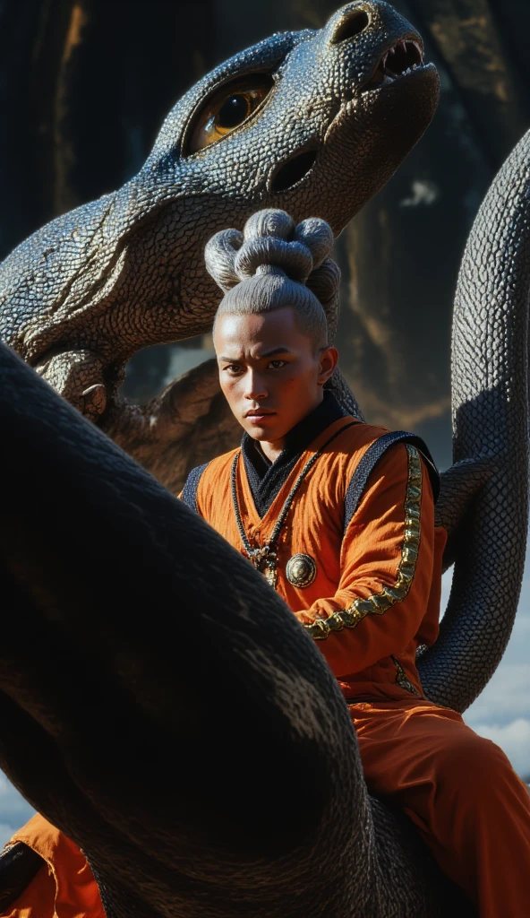 a realistic face of a man in dragonball uniform, riding a dragon, close up, extremely detailed face and eyes, beautiful detailed eyes, beautiful detailed nose, beautiful detailed lips, extremely detailed, hyper realistic, 8k, photorealistic, cinematic lighting, dramatic lighting, fantasy, concept art, digital painting