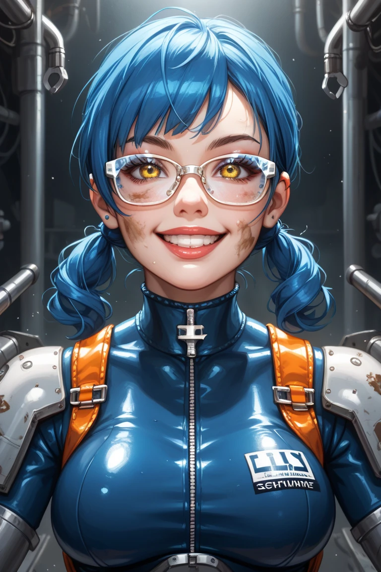 Generate an image with: score_9, score_8_up, score_7_up, score_6_up. A 45-year-old woman with short blue hair and two pigtails, bright yellow eyes, wearing prescription glasses, looks directly at the viewer with a wide, confident smile, showing her white, aligned teeth. She is dressed in a plumber's outfit, including a faded blue jumpsuit and sturdy rubber boots, ready to face any challenge. The scene takes place in a filthy, dimly lit sewer, with dark, dirty water around, creating a gloomy and claustrophobic atmosphere. The woman is focused on repairing a large water pumping machine, firmly holding a wrench as she adjusts the machine's valves. The machine is metallic, with rusty pipes and visible valves, adding an industrial touch to the scene. The dim lighting of the environment creates dramatic, elongated shadows, highlighting the woman's determination and skill as she works with precision and efficiency. The woman is in a posture of intense concentration, with her arm muscles tensed as she adjusts the valves with the wrench. Her face shows a mix of focus and satisfaction as she performs the task with impressive skill. The surrounding environment is dynamic, with the constant sound of running water and the echo of tools clanging against metal. The dim light creates a play of shadow and light, highlighting the details of the machine and the environment. The scene conveys a sense of urgency and importance, with the woman working against time to repair the machine and ensure the sewer continues to function properly. The interaction between the woman and the machine is intense, with each movement precise and calculated. The composition of the scene is carefully balanced, with the woman at the center of attention, surrounded by the industrial elements of the sewer. The underlying narrative suggests a story of overcoming and skill, with the woman facing challenges in a hostile environment and emerging victorious. The interaction with the viewer is direct and engaging, 