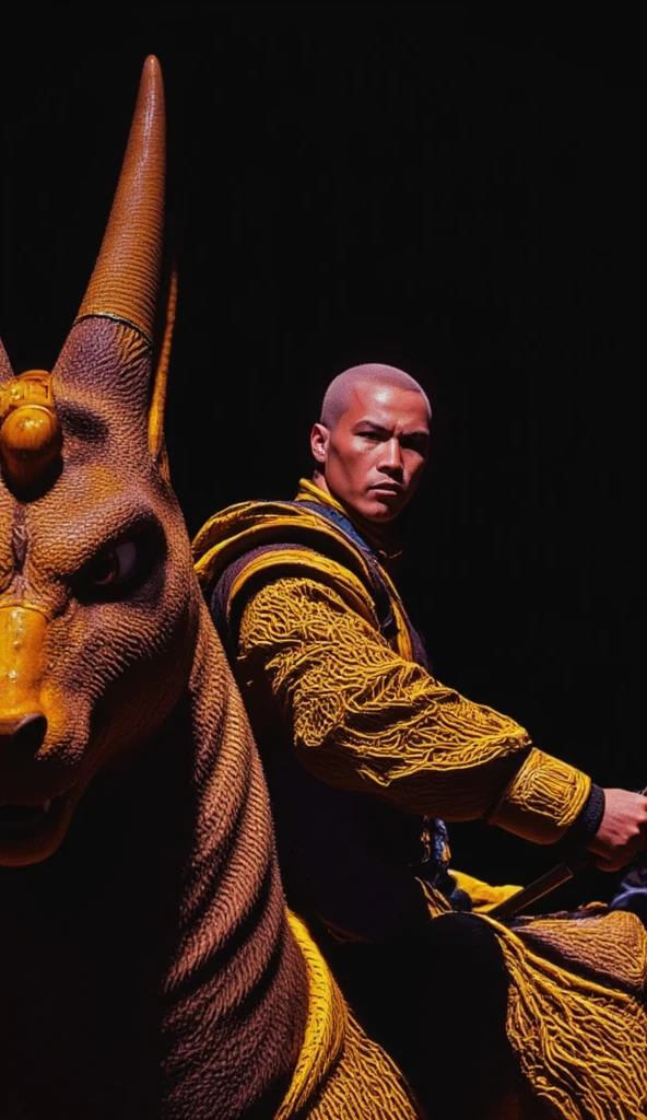 close up to a realistic face of a man in dragonball uniform riding a dragon