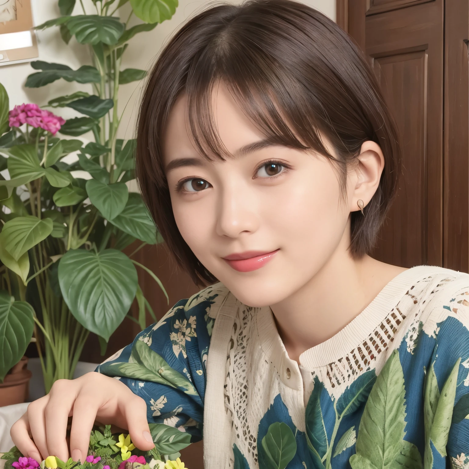 339 (20-year-old female, short hair), ( high image quality), (smile), ( Colorful Dress), ((Arietti's View of the World )), (BIG PLANTS ), (Dollhouse)