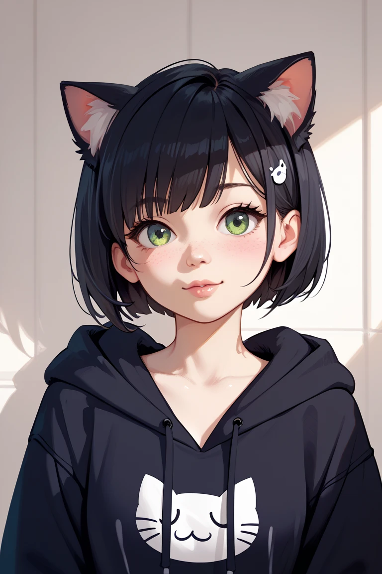 Female short bob hair cute anime girl in a cat hoodie