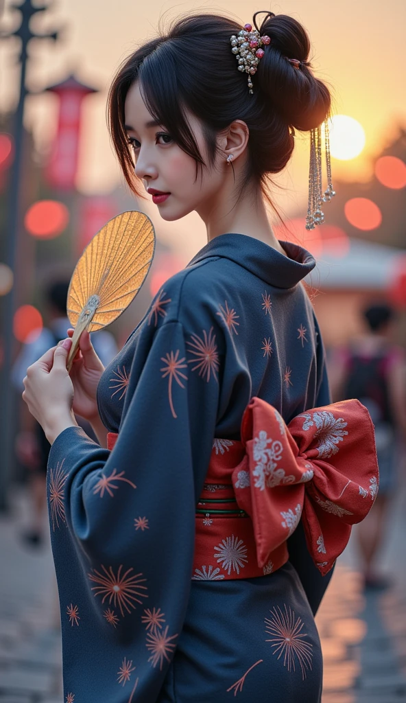 masterpiece,Summer Festival ,Alone, Japanese woman holding breasts,light makeup,A dignified appearance,yukata姿,Black Hair,((put her hair up)),Soft dark blue ,fireworks pattern,A simple vermilion band ,She has fans ,yukata( Very Thin Fabric , soft texture , Light Fabric Texture ),Shaking Sleeves ,[ simple hair ornament ], hair ornament reflects light,evening, happy atmosphere ,nostalgia,